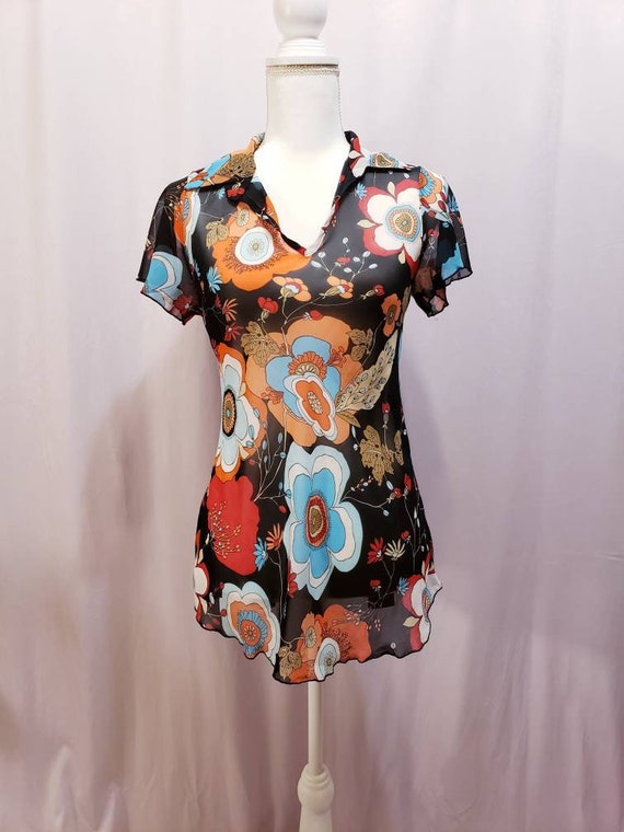 Black Sheer Floral Tunic Blouse