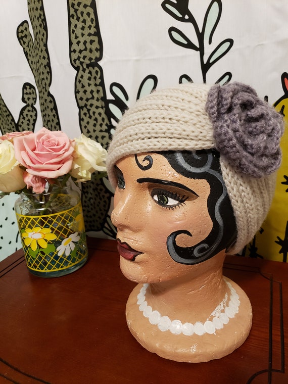 Tan & Grey Knitted Flower Winter Ear Warmer Headband