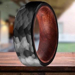 Jameson Whiskey Barrel Ring With 8mm Black Hammered Tungsten Band - Custom Hand Made From a Used Jameson Irish Whiskey Oak Barrel.