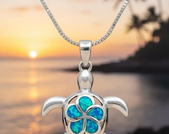 Collar de tortuga marina con ópalo azul peruano – Hecho a mano en plata fina .999 en Florida