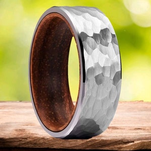 Jameson Whiskey Barrel Ring With 8mm Hammered Tungsten Outer Band - Custom Hand Made From a Used Jameson Irish Whiskey White Oak Barrel.