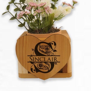 Personalized Cedar Heart Planter: Engraved Family Name Gift