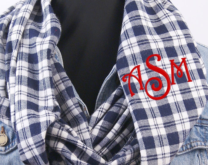 Monogrammed Infinity Scarf, Monogrammed Scarf, Navy and White Plaid Scarf, Monogram Gifts, Personalized gifts, Large Scarf, Gifts under 30