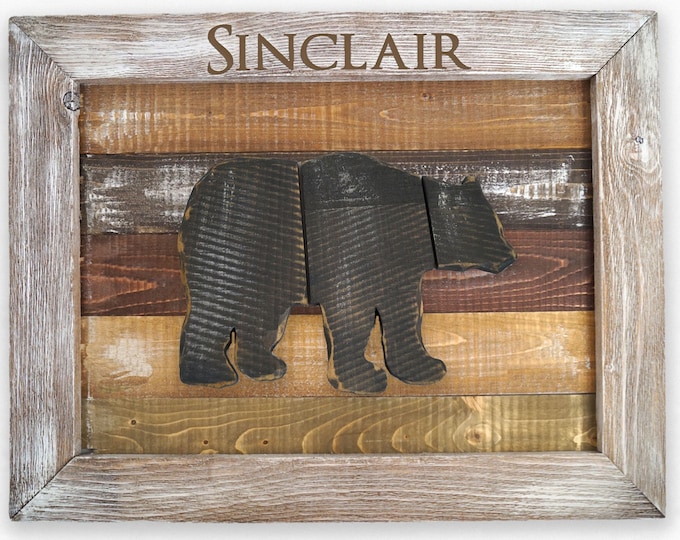 Framed Personalized Bear Decor, Reclaimed Wood Wall Hanging, Bear Wall Art, Personalized Sign, Farmhouse decor,  Family Name, Rustic Art