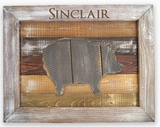 Framed Personalized Pig Decor, Reclaimed Wood Wall Hanging, Interior Wall Art, Personalized Sign, Farmhouse decor,  Family Name, Rustic Art