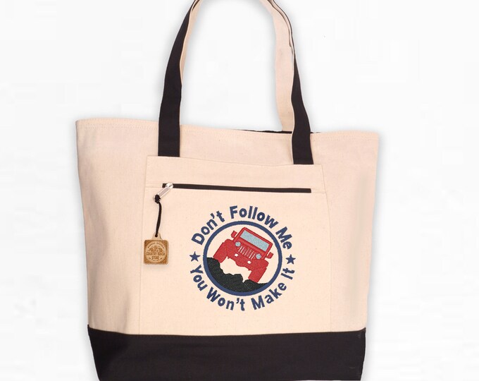 Embroidered ATV Canvas Tote Bag: Large Zippered Beach Bag