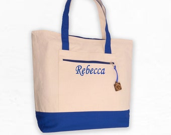 Personalized Canvas Tote Bag: Zipper Top, Beach Bag, Custom Name
