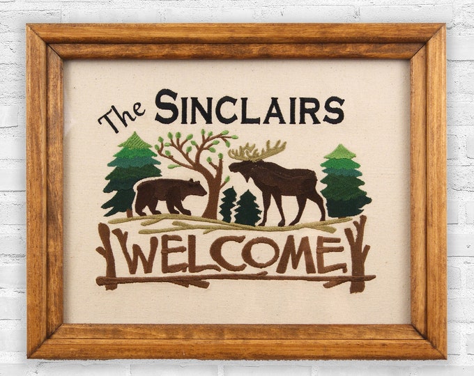 Personalized Bear Welcome, Bear Art, Rustic Embroidered Welcome, Cabin Decor, Wedding Gift, Housewarming Gift, Cusomized Art, Moose Decor