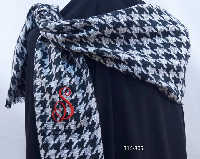 Monogrammed  Oblong Scarf, Monogrammed Scarf, Oblong Scarf, Large Houndstooth Scarf, Monogram Gifts, Gifts under 30, Gift for her, scarves