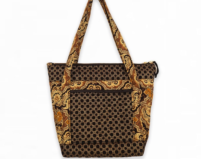 Quilted Purse Tote, Black and Gold Pocketbook, Purse with Zip Top, Handmade Handbag, Shoulder Bag, Quilted Fabric Purse, Gift for Her
