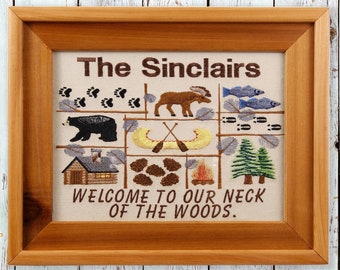 Personalized Northwoods Embroidered Art: Cedar Frame Cabin Decor