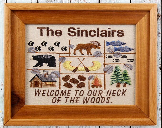 Northwoods Sampler, Personalized Welcome, Embroidered Art, Framed Embroidery, Cabin Decor, Bear Decor, Moose Decor, Housewarming Gift,