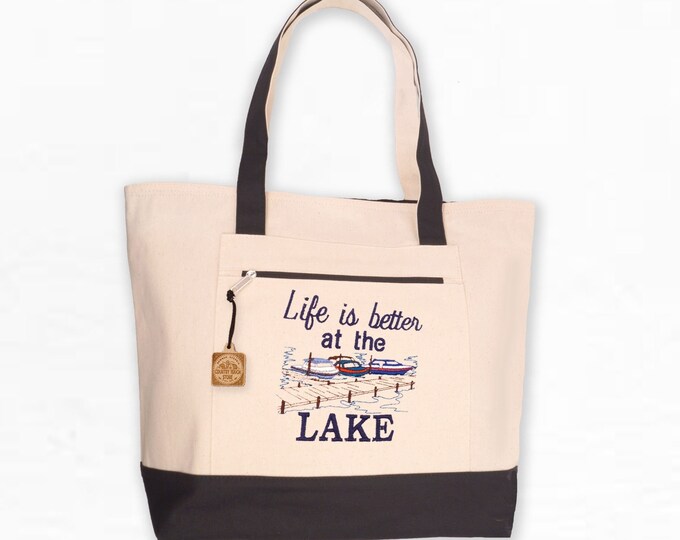 Lake Life Tote Bag with Zip Top and Zip pocket, Large Canvas Tote, Handbag, Shoulder Bag, Purse, Beach Bag, Tote, Camp Tote