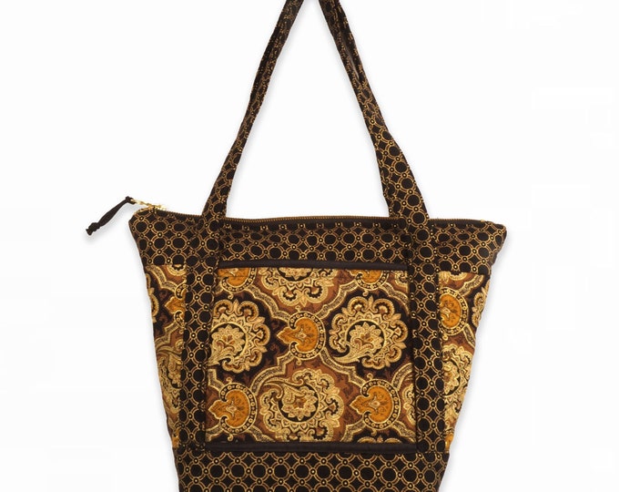 Quilted Purse Tote, Black and Gold Pocketbook, Purse with Zip Top, Handmade Handbag, Shoulder Bag, Quilted Fabric Purse, Gift for Her
