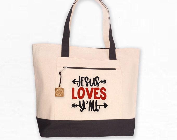 Jesus Loves Y'all Tote Bag with Zip Top and Zip pocket, Large Canvas Tote, Handbag, Shoulder Bag, Purse, Beach Bag, Tote, Camp Tote