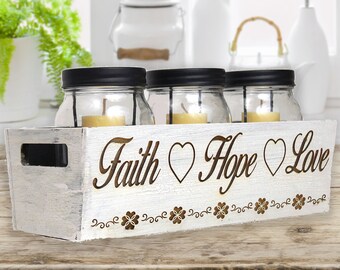 Faith Hope Love Farmhouse Mason Jar Candle Holder, Table Centerpiece, Engraved Candle Jar Box, Personalized Candle Jar Holder
