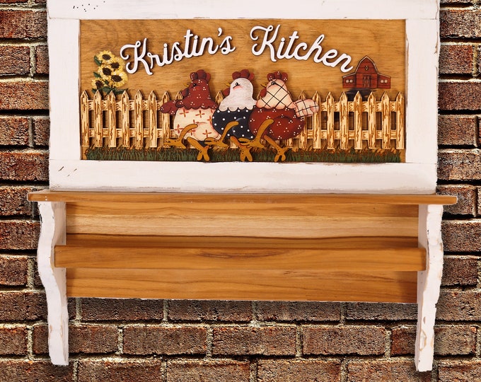 Personalized Towel Rack,Hand painted Dancing Chickens, Farmhouse Hand Towel Holder, Kitchen, Bath Decor,  Country Rustic towel holder,