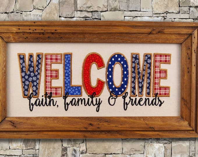 Framed Welcome Applique, Framed Embroidered Art, Farmhouse Decor, Rustic Decor, Wedding Gift, Housewarming Gift, Faith Decor, Cabin Decor