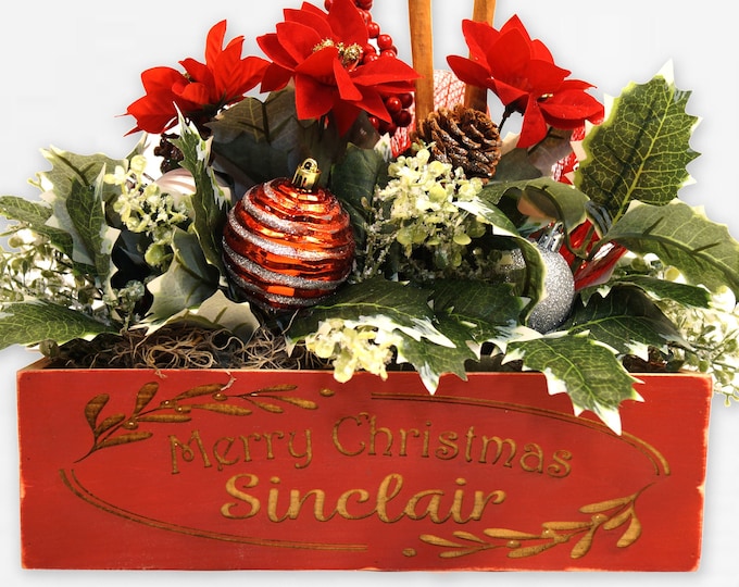 Merry Christmas Floral Centerpiece, Personalized Christmas Crate, Red Christmas Box, Modern Farmhouse Decor,  Christmas Decor, Crate, Tray