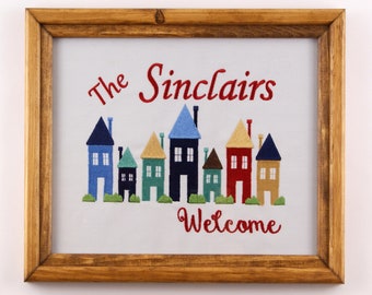Personalized Embroidered Family Name Sign, Framed Welcome Art