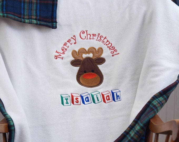 Child's Christmas Blanket, Reversible Blanket, Handmade, Applique Christmas Blanket, Plaid Blanket, Childs Christmas Throw, Bedding