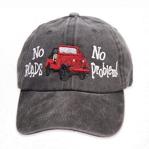 May include: A charcoal gray baseball cap featuring an embroidered red off-road vehicle in the center. The white embroidered text "No Roads" appears to the left of the vehicle, and "No Problem!" is embroidered in white to the right.