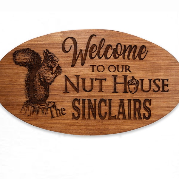 Personalized Welcome to our Nuthouse Sign, Wooden Farmhouse Sign, Wood Wall Hanging,  Family Name Decor, Squirrel, Acorn, Rustic Art