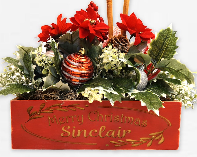 Personalized Christmas Floral Centerpiece: Engraved Red Tray, Farmhouse Decor
