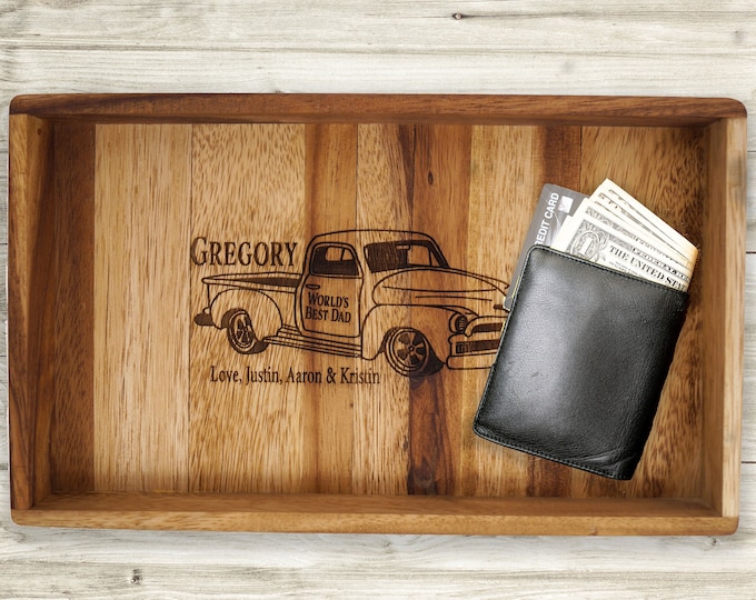 Personalized Valet Tray, Gentlemen's Tray, Father's day gift, Acacia Wood Tray, Decorative Trinket Tray, Bedroom Tray, Vintage Chevy