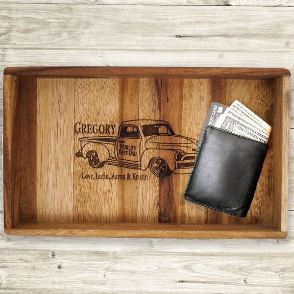 Personalized Valet Tray, Gentlemen's Tray, Father's day gift, Acacia Wood Tray, Decorative Trinket Tray, Bedroom Tray, Vintage Chevy
