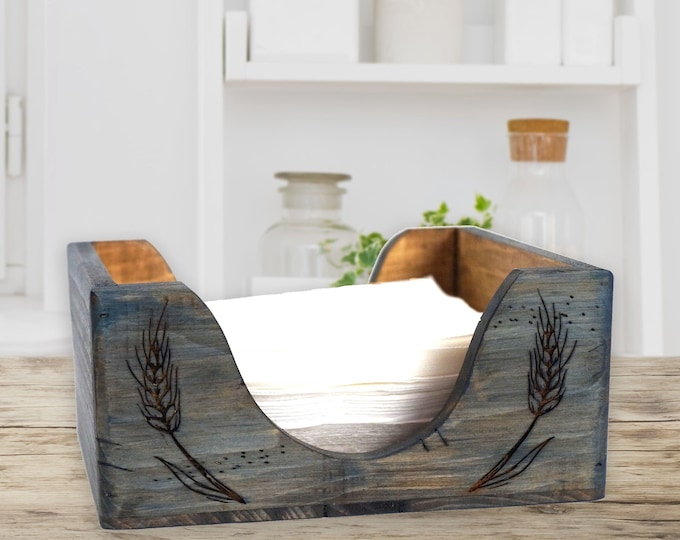 Country Blue Farmhouse Napkin Holder: Rustic Pine Wood Tray