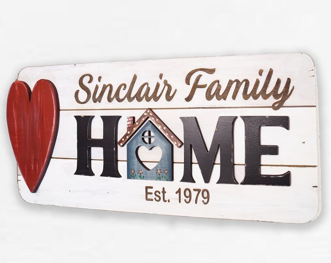 Personalized HOME Sign, Hand Painted Farmhouse Sign, Wood Wall Hanging, Wall Art,  Family Name Sign, Cabin Decor, Wedding Gift, Living Room