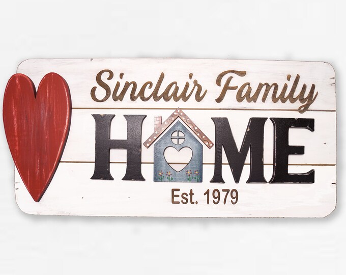 Personalized HOME Sign, Hand Painted Farmhouse Sign, Wood Wall Hanging, Wall Art,  Family Name Sign, Cabin Decor, Wedding Gift, Living Room