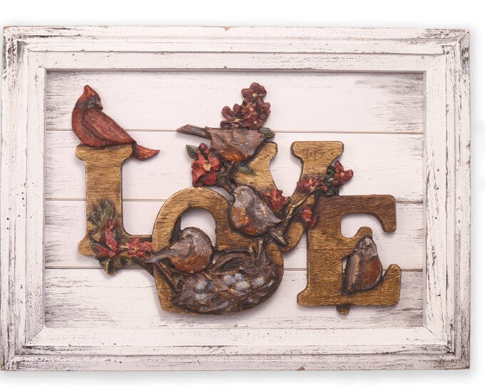 Carved 3D Birds in a Rustic White Frame, Love sign,  Farmhouse Decor,  Love Birds Wallhanging,