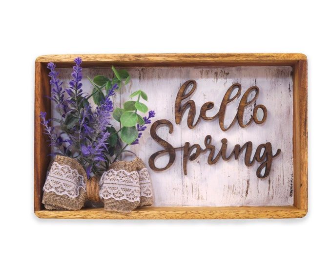 Hello Spring, Acacia Wood Tray, Spring Decor,