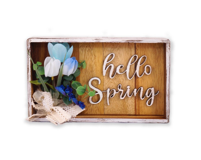 Hello Spring, Acacia Wood Tray, Spring Decor, Tulips