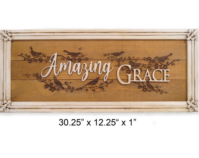 Amazing Grace, Birds with Amazing Grace,  Frame with Fleur de lis design, Scripture Art, Rustic Decor, Wedding Housewarming Gift, Framed Art