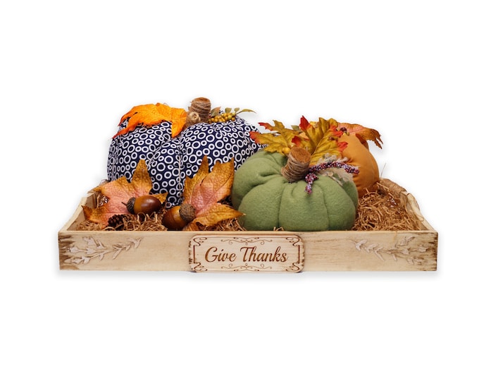 Give Thanks, Three Fabric Pumpkin Set with Tray, Fall Centerpiece, Fall Centerpiece, Autumn Decor, Gather, Coffee Table Tray, Fall Decor