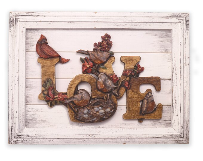 Carved Love Birds Wall Hanging: Rustic Farmhouse Decor