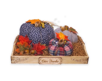 Give Thanks, Three Fabric Pumpkin Set with Tray, Fall Centerpiece, Fall Centerpiece, Autumn Decor, Gather, Coffee Table Tray, Fall Decor