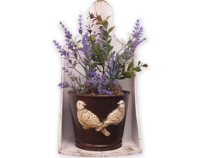 French Country Bird Tin with Lavender Florals, Sconce Holder, Wall Hanging, Shelf Sitter, Cottage Decor, Farmhouse Decor, Acacia Wood