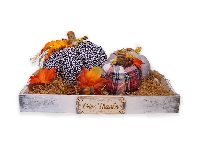Give Thanks, Three Fabric Pumpkin Set with Tray, Fall Centerpiece, Fall Centerpiece, Autumn Decor, Gather, Coffee Table Tray, Fall Decor