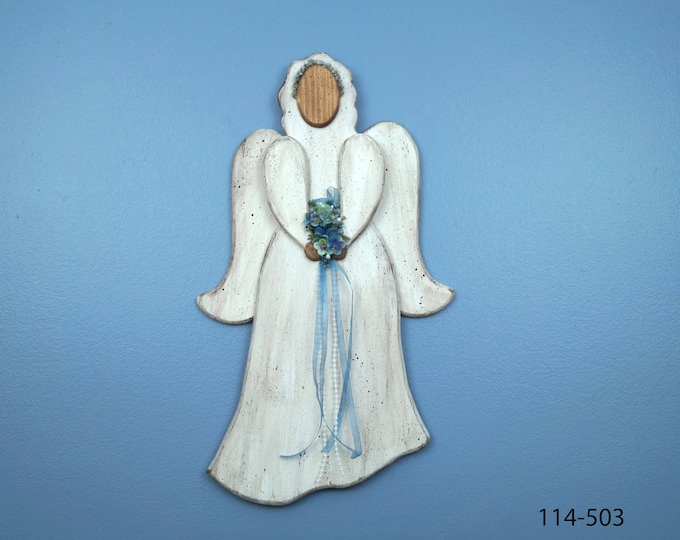 Country Wooden Angel, Distressed Wood Angel, Cornflower Blue Ribbon Angel, Floral Angel, Antiqued Angel
