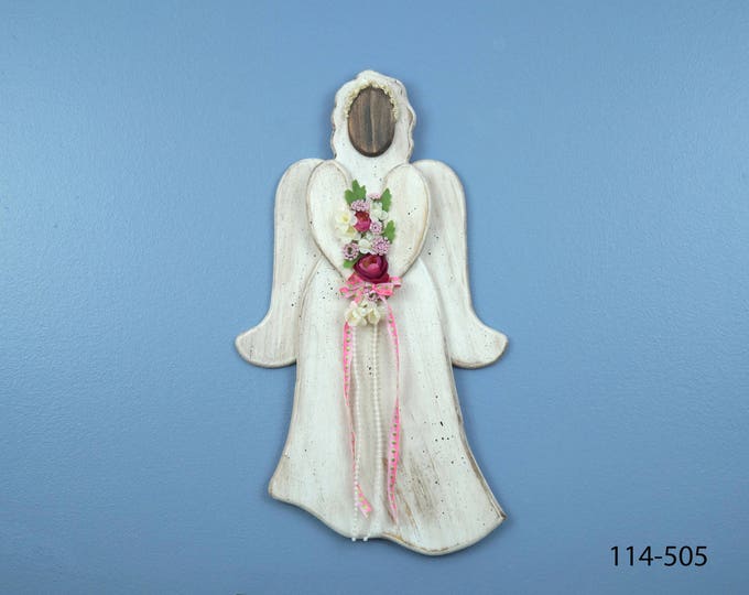 Angel, Distressed Wood Angel, Deep Pink Roses with Pink and Lime Green Ribbon Angel,  Wall hanging Angel, Rustic Angel