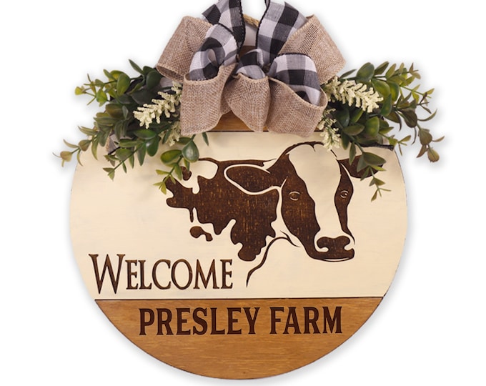 Personalized Round Welcome Sign, Cow Welcome Sign, Front Door Sign, Porch Welcome Sign,  Farm Sign, Family Name Sign, Farmhouse, Gift