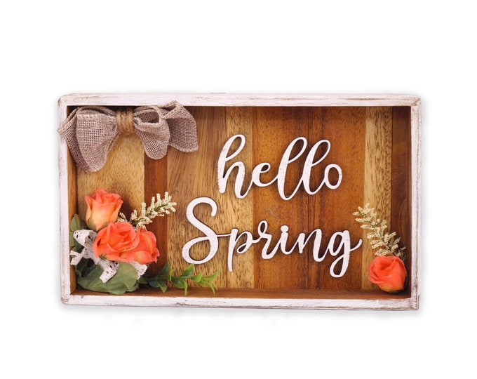 Hello Spring, Acacia Wood Tray, Spring Decor, Roses