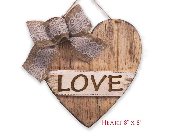 Heart Plaque with love engraved topped with Burlap Bow, Wooden Heart,  Valentine's Decor, gift for Valentines, Love Heart
