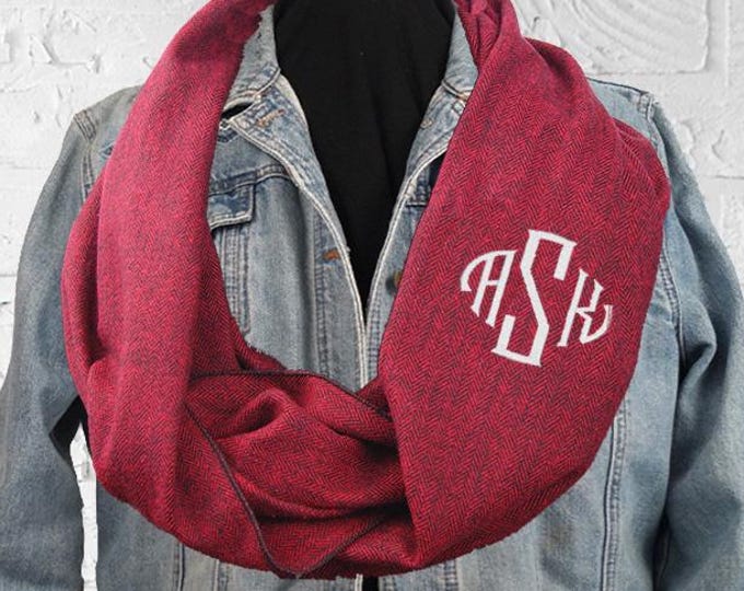 Monogrammed Infinity Scarf, Personalized Dark Red Herringbone Fabric (14"x72")