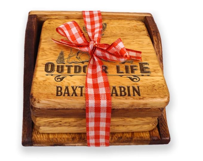 Personalized Acacia Wood Coasters:  Coaster Set of Four with tray