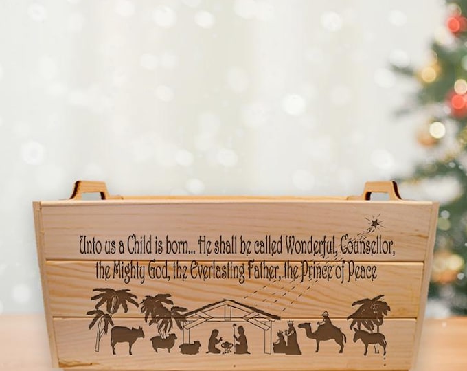 Christmas Nativity Crate: Laser Engraved Wooden Keepsake Box, Large Custom Crate